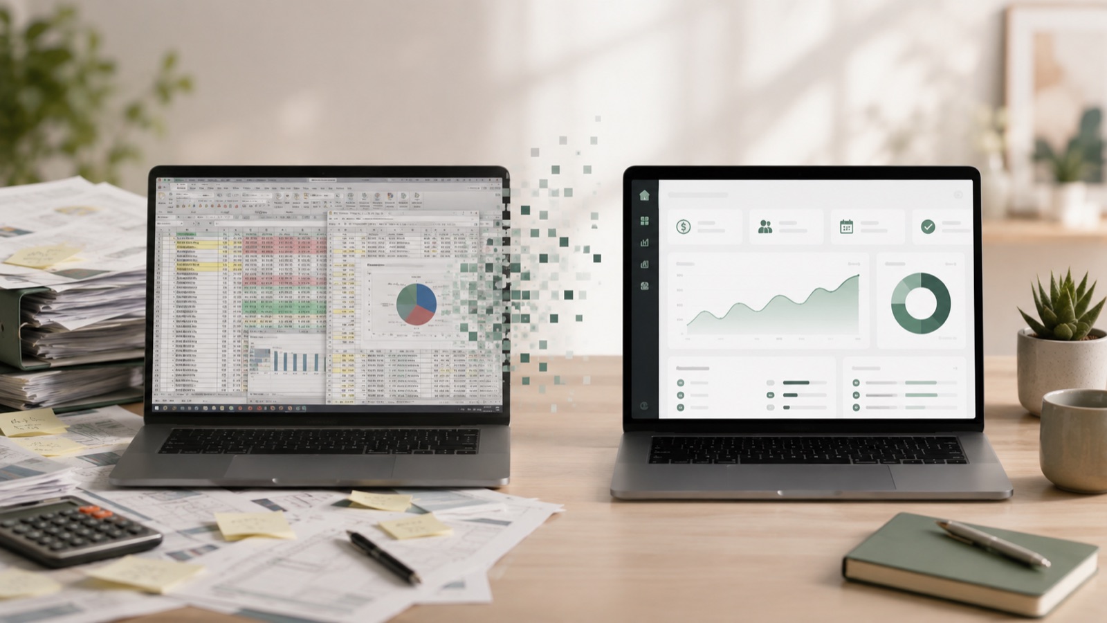 A cluttered spreadsheet on one laptop transforming into a clean planning app on another
