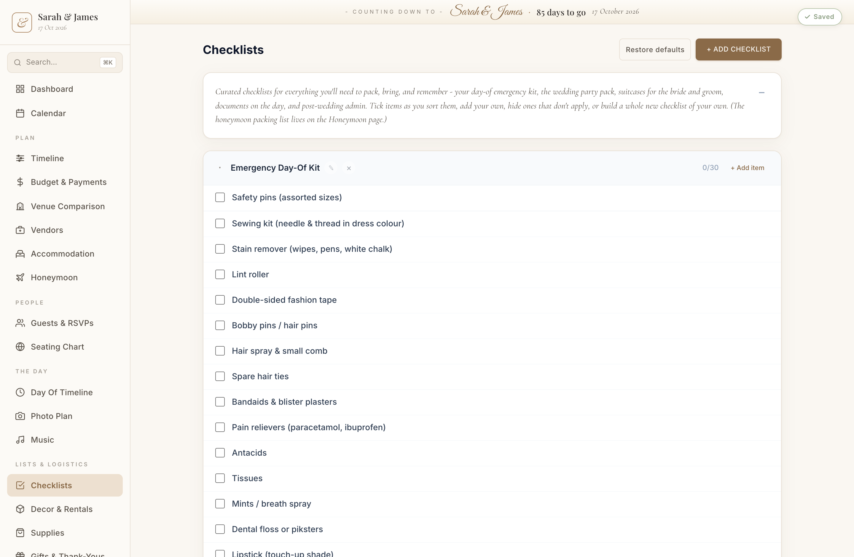 The checklist: 32 items across six groups you can tick off, add to or remove.