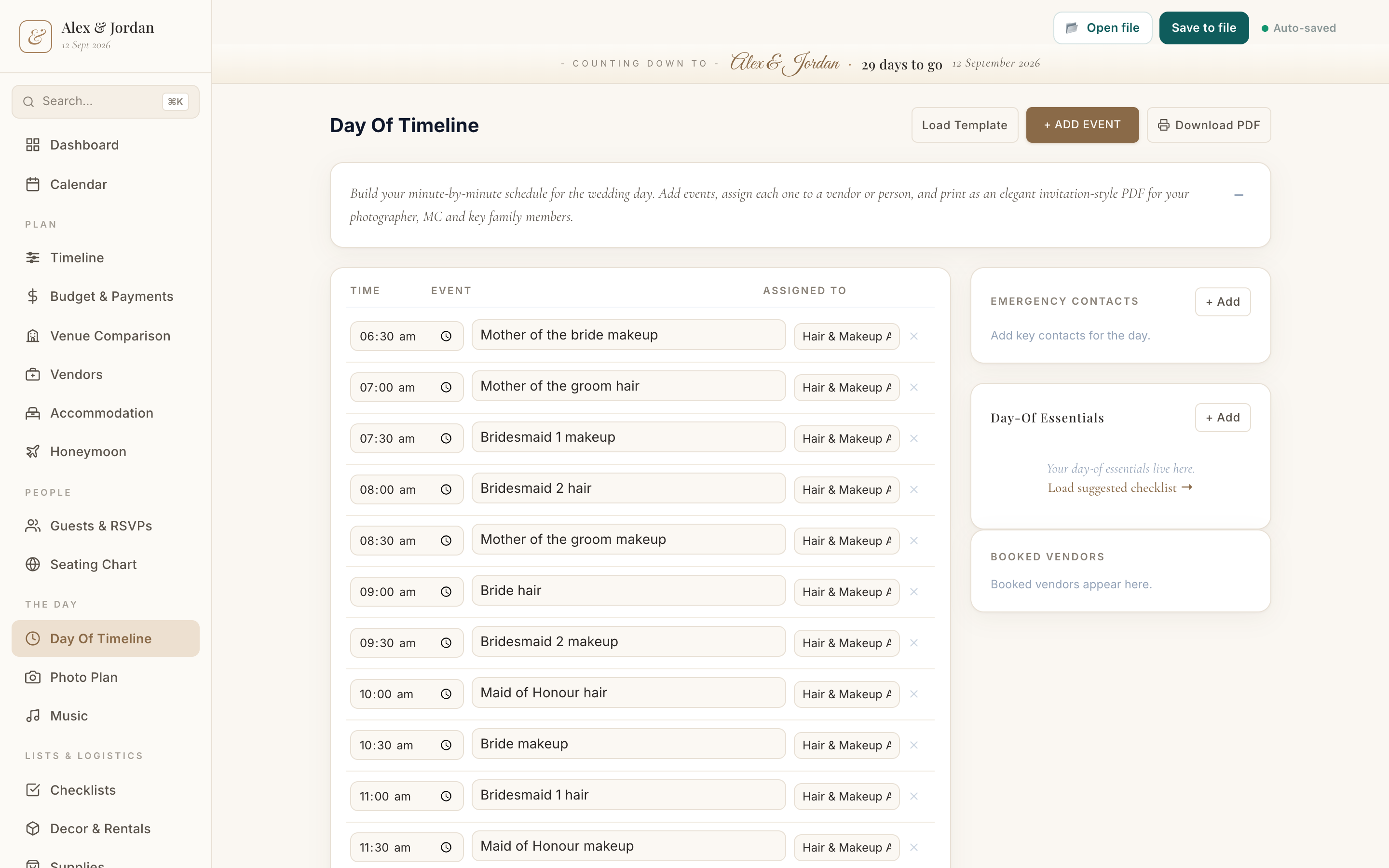 Wedding day timeline template preview in Wedding Planner