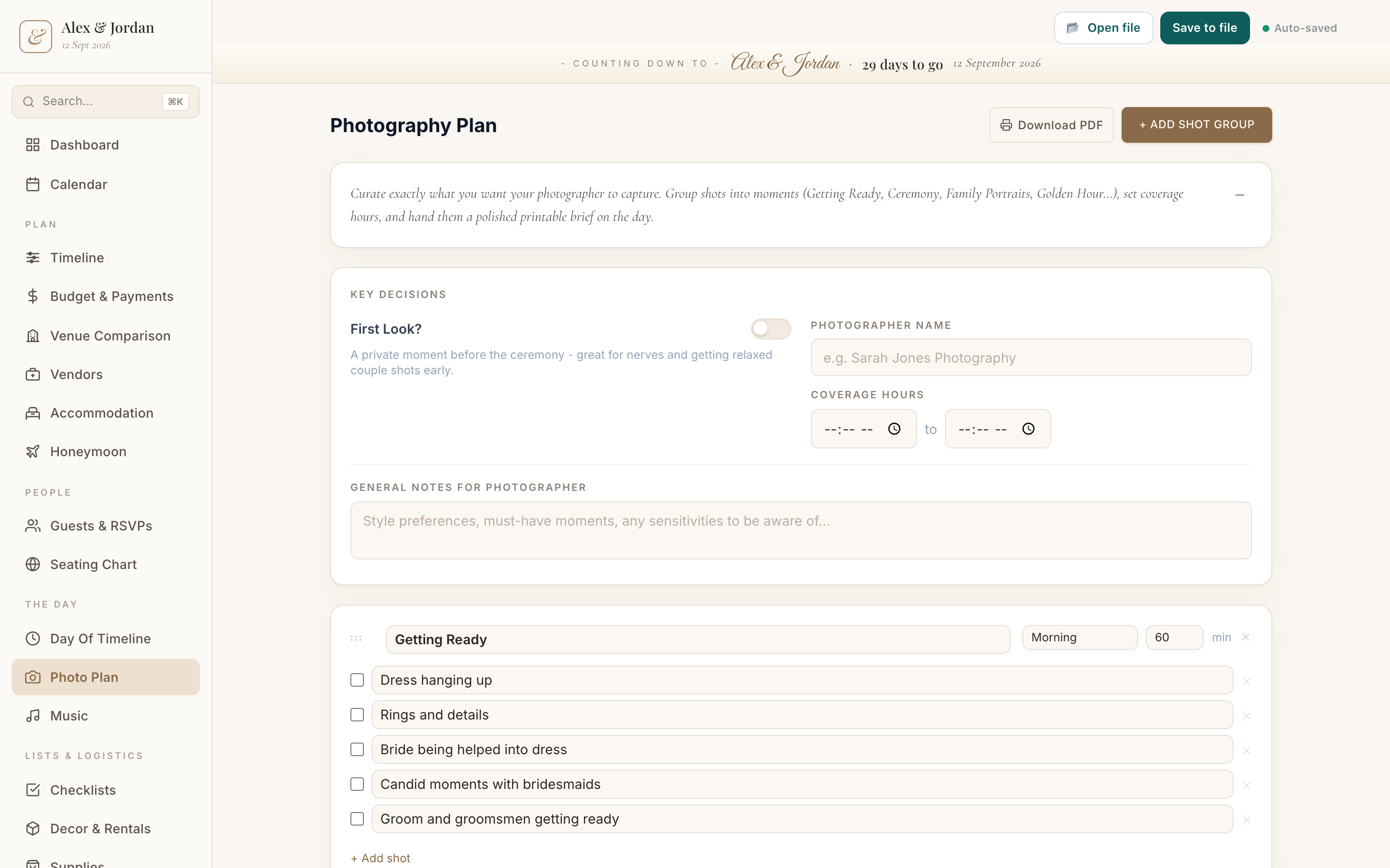 Wedding photo shot list template preview in Wedding Planner